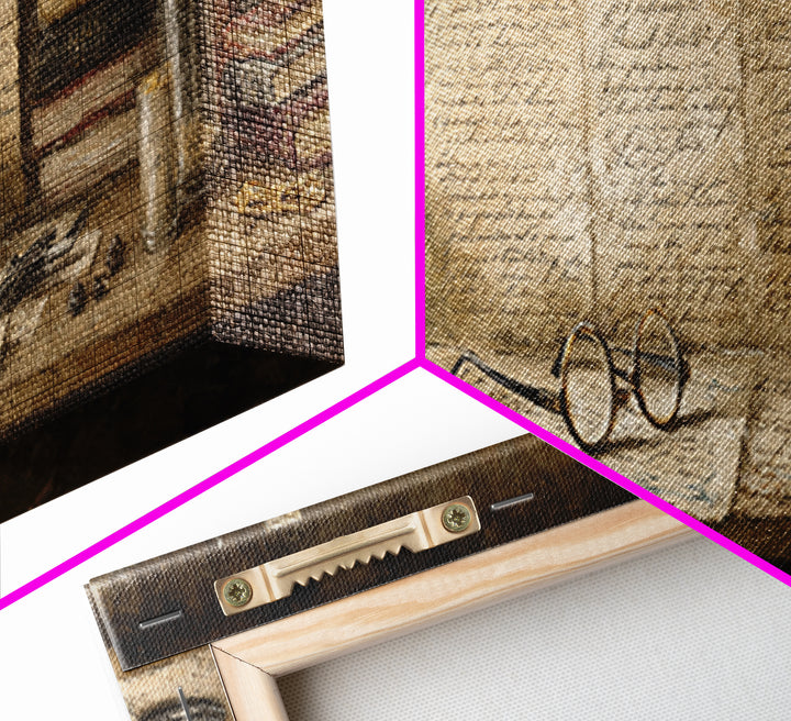Antique Spectacles on a Manuscript Framed Canvas Print, Library Art, Digital Art, Library Decor, Archive, Watercolor Art, LIB-3x1-84