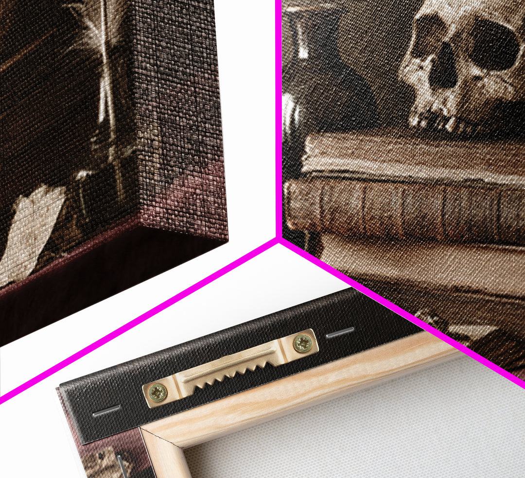Dark Academia Skull Book and Quill Still Framed Canvas Print, Library Art, Fine Art Print, Library Decor, Fine Art, Archive, LIB-3x2-81