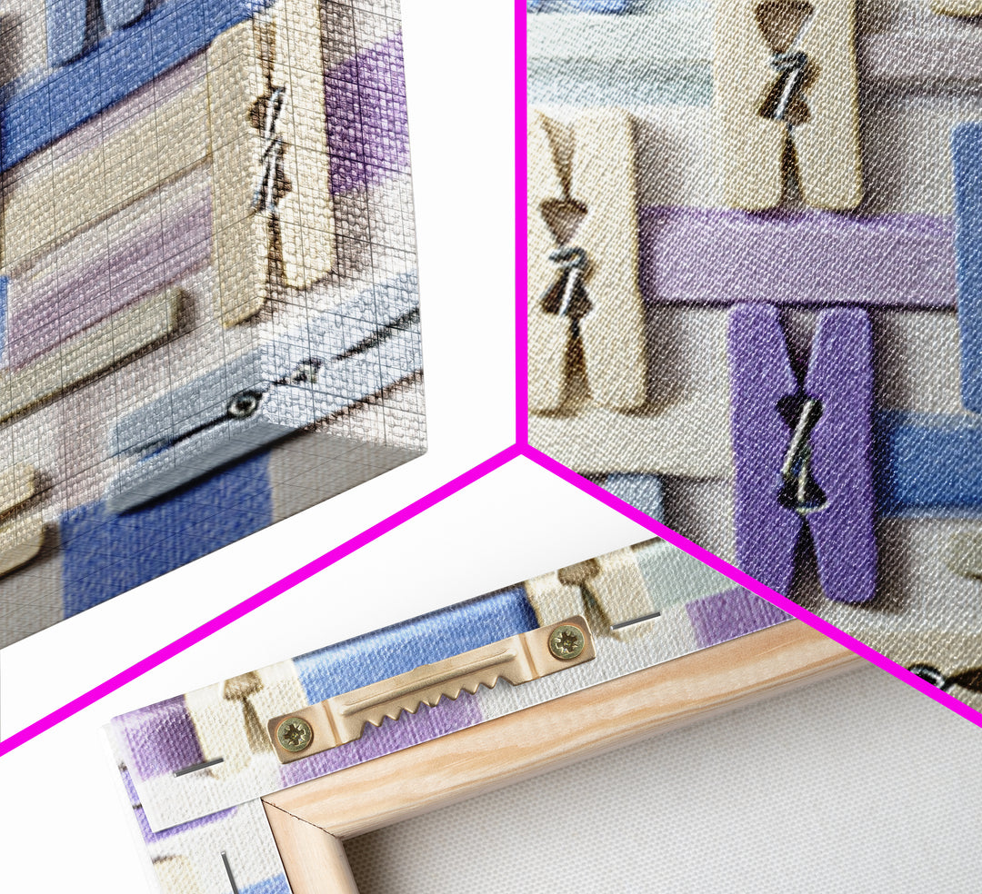 Cheerful Clothespins Arranged as Pattern Framed Canvas Print, Laundry Room Art, Funny Poster, Living Room Decor, Watercolor Art, LRA-1x1-100