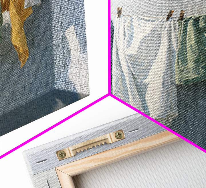 Clothesline with White Linens Blowing in Sunshine Canvas Print, Laundry Room Art, Art Print, Living Room Decor, Clean, LRA-1x1-73