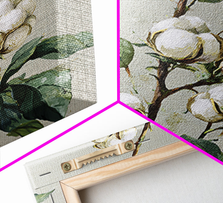Fresh Cotton Branch Botanical Study Framed Canvas Print, Laundry Room Art, Fine Art Print, Living Room Decor, Fine Art, Clean, LRA-1x1-79