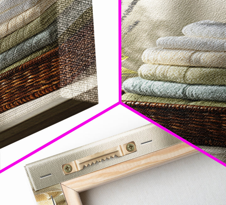 Basket of Folded Towels Framed Canvas Print, Laundry Room Art, Digital Print, Living Room Decor, Clean, Custom Wall Art, LRA-2x3-94