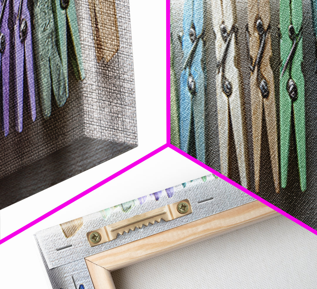 Cheerful Clothespins Arranged as Pattern Framed Canvas Print, Laundry Room Art, Neutral Decor, Living Room Decor, Clean, LRA-3x1-44
