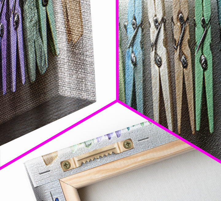 Cheerful Clothespins Arranged as Pattern Framed Canvas Print, Laundry Room Art, Neutral Decor, Living Room Decor, Clean, LRA-3x1-44