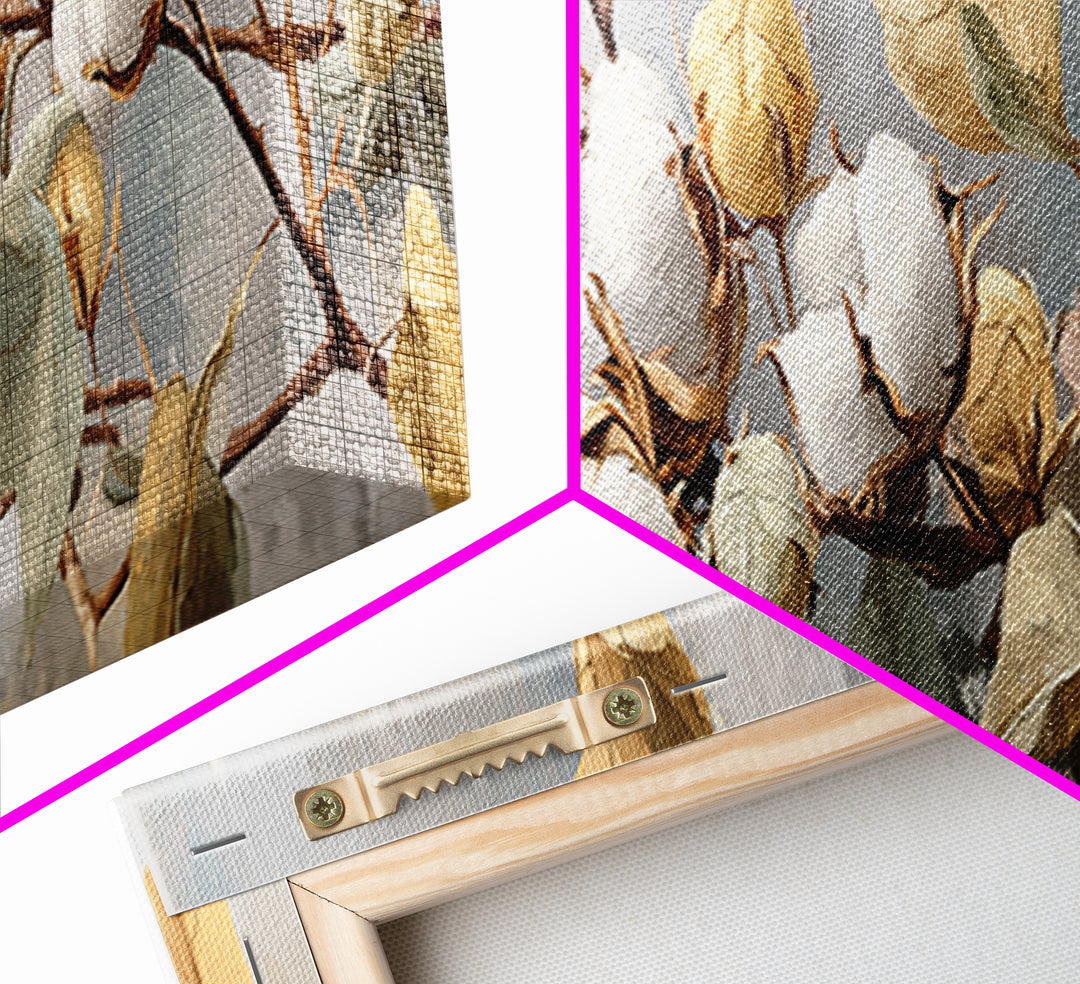 Fresh Cotton Branch Botanical Study Canvas Print, Laundry Room Art, Textured Painting, Living Room Decor, Fine Art, Clean, LRA-3x1-95