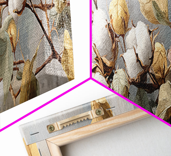 Fresh Cotton Branch Botanical Study Canvas Print, Laundry Room Art, Textured Painting, Living Room Decor, Fine Art, Clean, LRA-3x1-95