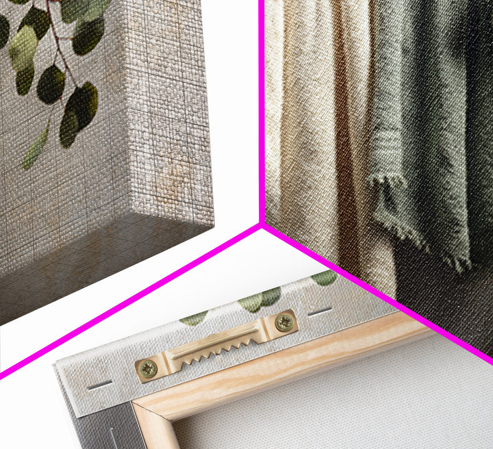 Sunlit White Towels and Eucalyptus Branch Framed Canvas Print, Laundry Room Art, Neutral Decor, Living Room Decor, LRA-3x2-39