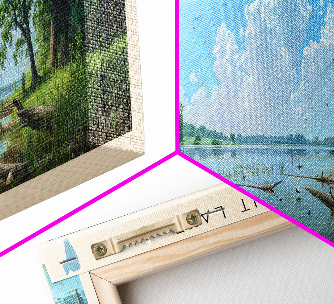 Big Spirit Lake Iowa Framed Canvas Print, Panoramic Lake House Decor, Scenic View, Travel Poster, Rustic Art, Lake Painting
