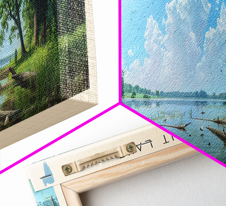 Big Spirit Lake Iowa Framed Canvas Print, Panoramic Lake House Decor, Scenic View, Travel Poster, Rustic Art, Lake Painting