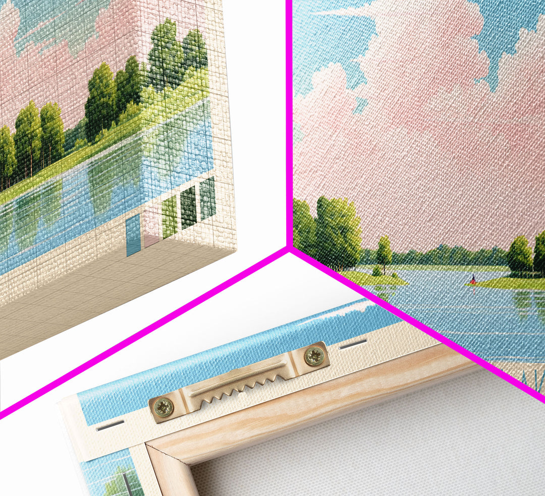 Coralville Lake Iowa Framed Canvas Print, Midcentury Modern Panoramic Wall Art, Living Room Decor, Pop Art, Travel Poster Art, Scenic Nature Painting, Lake House Decor