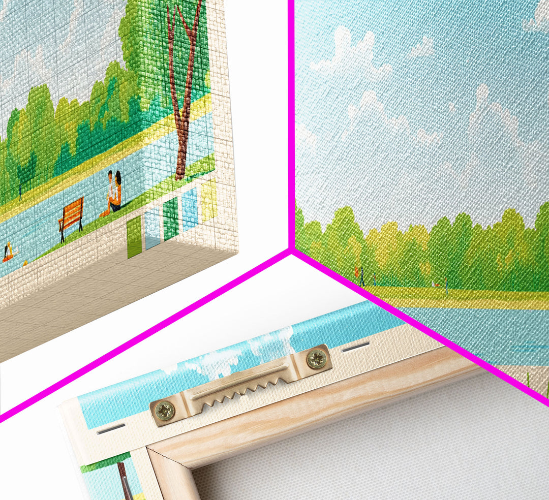 Crab Orchard Lake Illinois Framed Canvas Print, Midcentury Modern Panoramic Wall Art, Living Room Decor, Pop Art, Travel Poster Art, Scenic Nature Painting, Lake House Decor