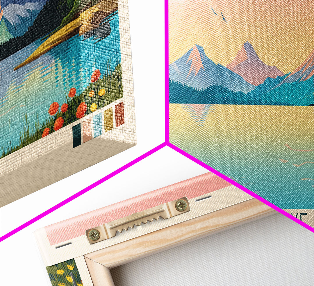 Hebgen Lake Montana Framed Canvas Print, Panoramic Wall Art, Midcentury Modern, Pop Art, Living Room Decor, Travel Poster, Nature Art, Lake House Art