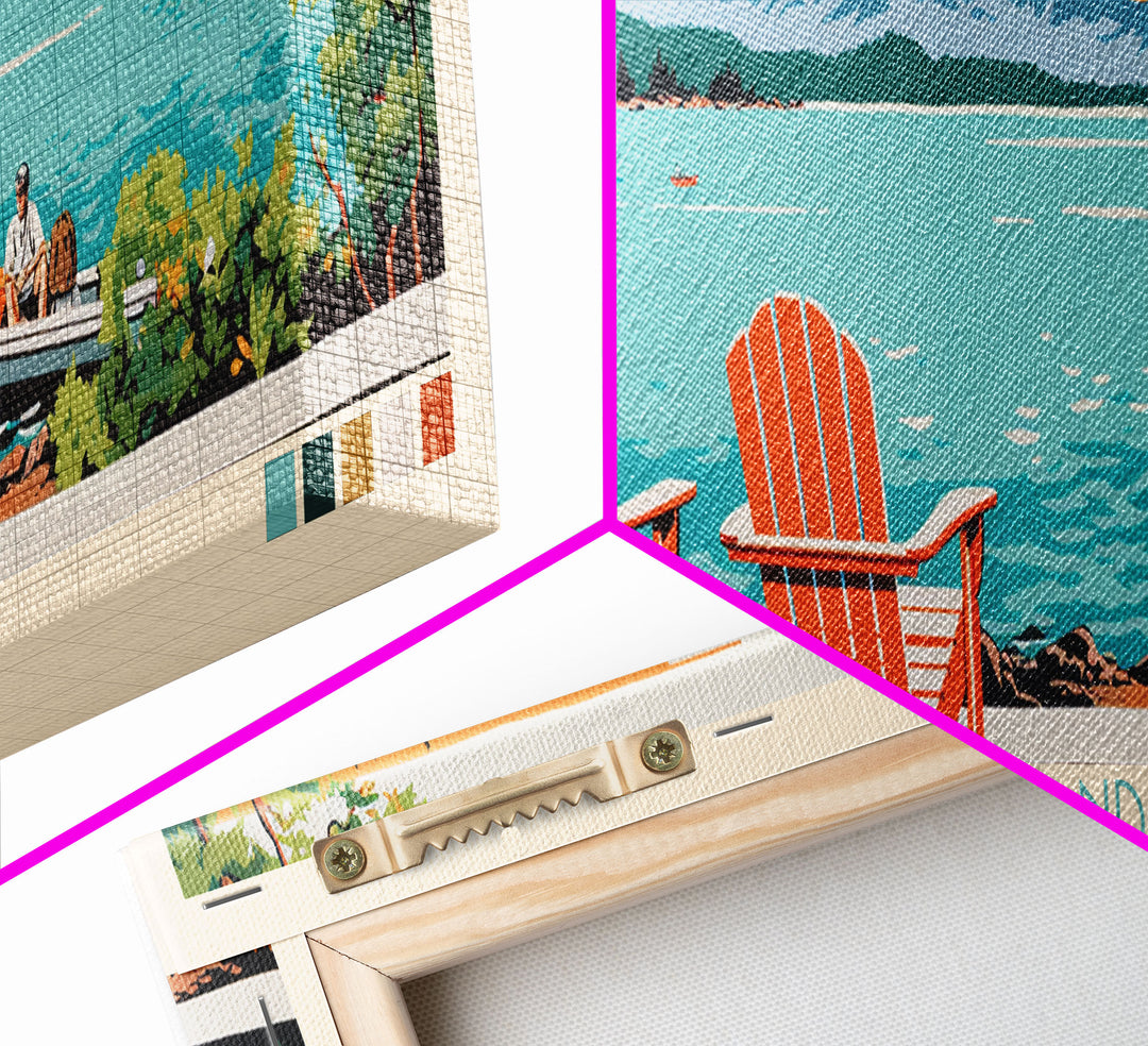 Jordan Pond Maine Framed Canvas Print, Panoramic Wall Art, Midcentury Modern, Pop Art, Bedroom Decor, Travel Poster, Artistic Home Decor