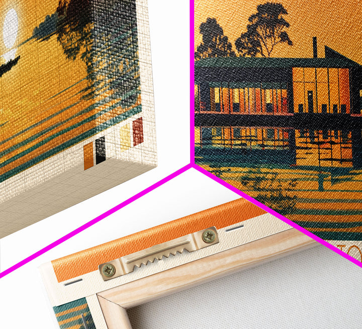 Lake Livingston Texas Framed Canvas Print, Panoramic Wall Art, Midcentury Modern, Pop Art, Bedroom Art, Travel Poster, Lake House Decor