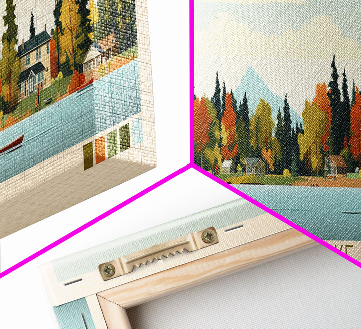 Waldo Lake, Oregon Framed Canvas Print, Panoramic Lake House Art, Midcentury Modern Decor, Pop Art, Travel Poster, Living Room Wall Art