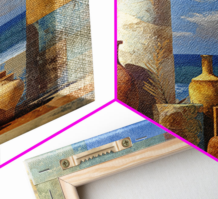 Ancient Column with Sea and Sky Beyond Framed Canvas Print, Mediterranean Art, Oil Painting, Living Room Decor, Fine Art, Azure, MAR-1x1-12