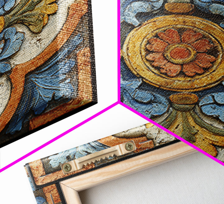 Spanish Tile Ornament Framed Canvas Print, Mediterranean Art, Luxury Decor, Living Room Decor, Fine Art, Azure, Framed Wall Art, MAR-1x1-40