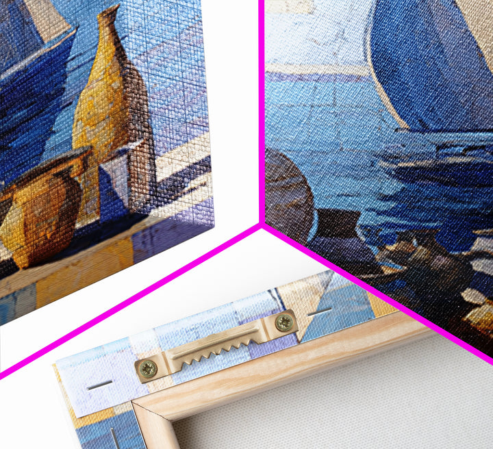 Mediterranean Sailboat on Glassy Water Framed Canvas Print, Mediterranean Art, Watercolor Art, Living Room Decor, Abstract Art, MAR-1x1-42