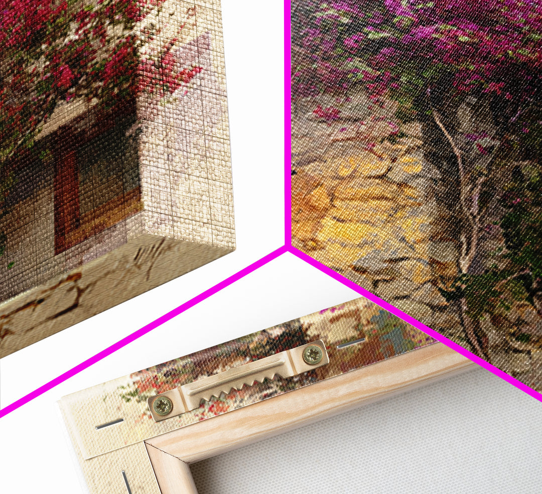 Bougainvillea Cascading over Stone Wall Canvas Print, Mediterranean Art, Landscape Painting, Living Room Decor, Fine Art, Azure, MAR-1x1-5