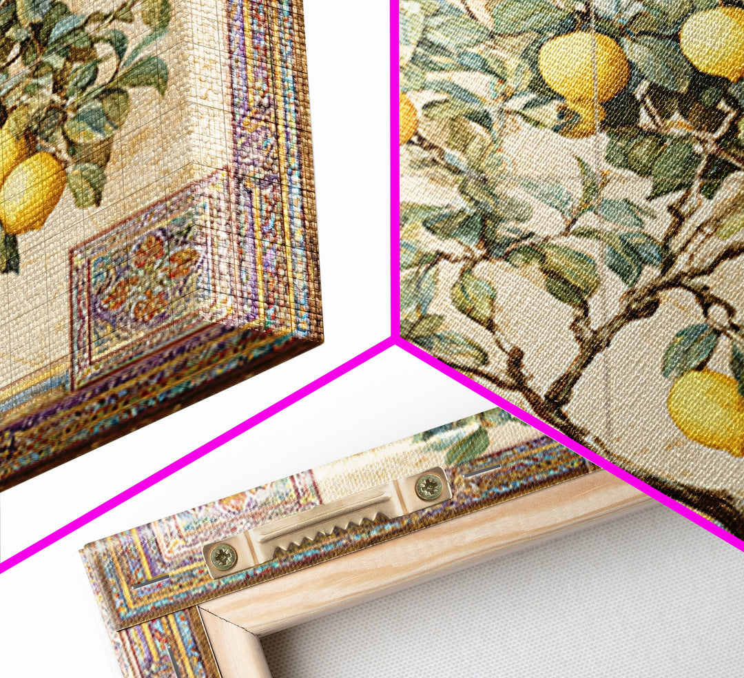 Sicilian Lemon Branch on Ivory Background Framed Canvas Print, Mediterranean Art, Gallery Wall Art, Living Room Decor, Azure, MAR-1x1-61