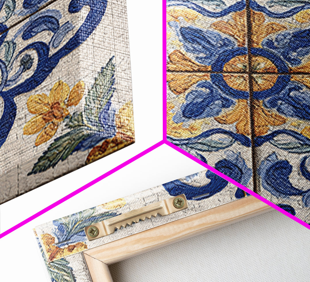 Spanish Tile Ornament Framed Canvas Print, Mediterranean Art, Coastal Wall Art, Living Room Decor, Azure, Living Room Art, MAR-1x1-64