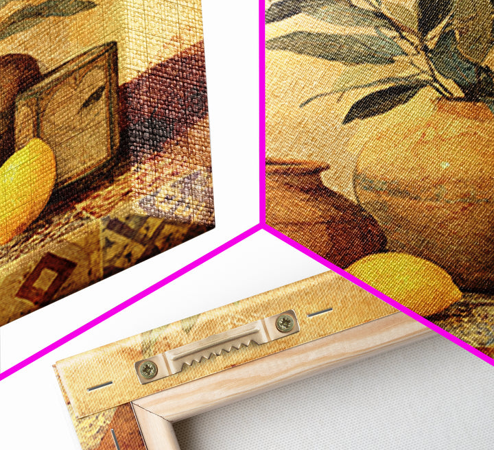 Olive Branch and Lemons on Terracotta Ground Canvas Print, Mediterranean Art, Downloadable Art, Living Room Decor, Azure, MAR-1x1-74