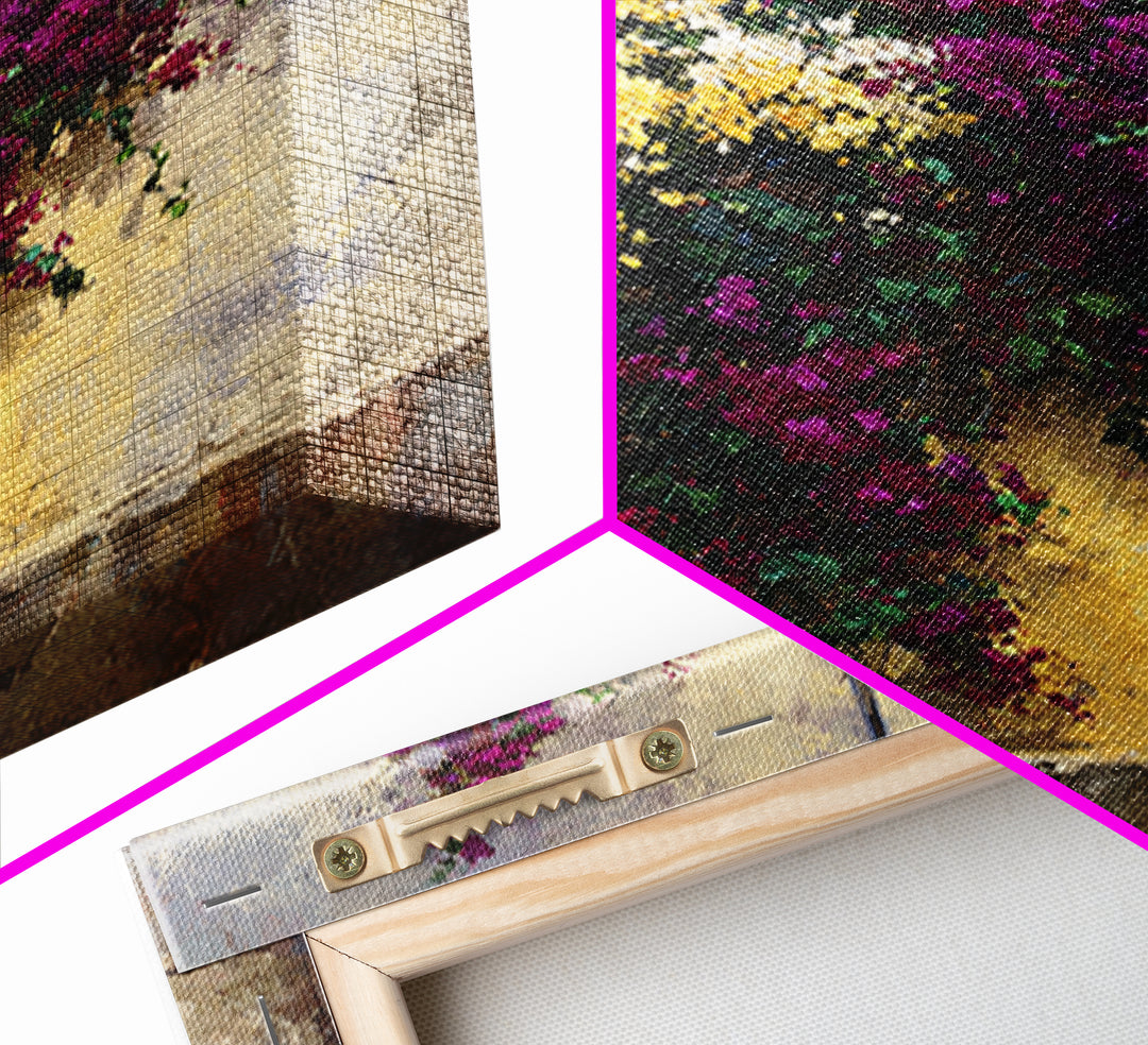 Bougainvillea Cascading over Stone Wall Canvas Print, Mediterranean Art, Modern Decor, Living Room Decor, Fine Art, Azure, MAR-1x1-77