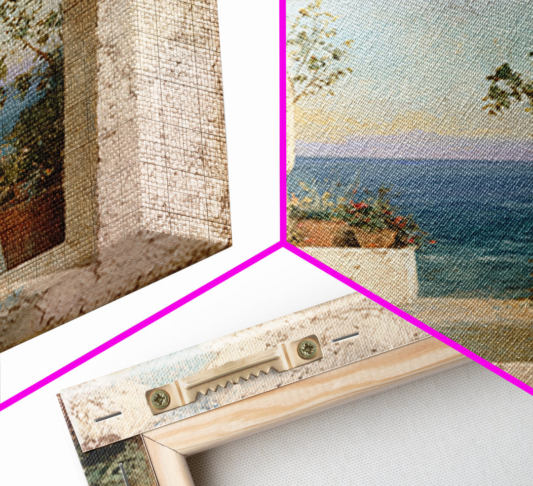 Mediterranean Arch Framing Ocean Horizon Canvas Print, Mediterranean Art, Living Room Decor, Oil Painting, Azure, MAR-1x1-99