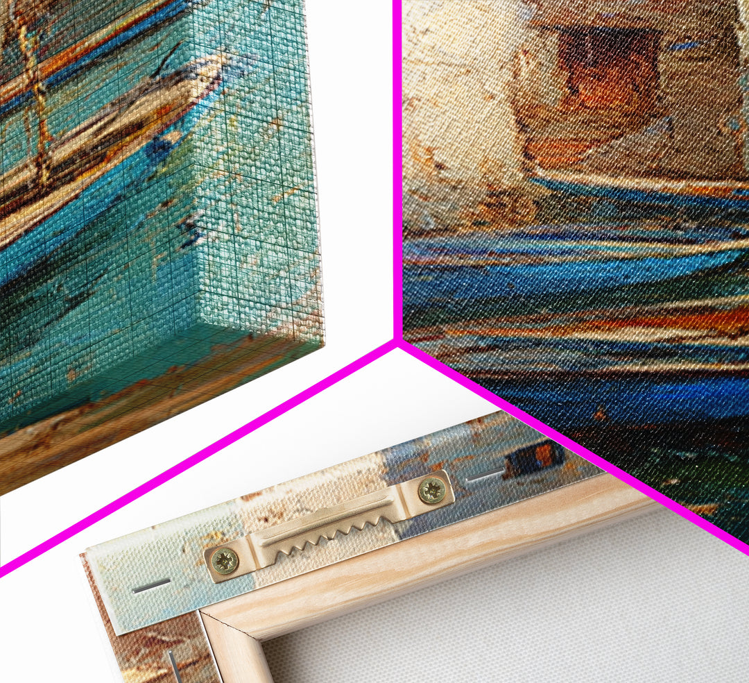 Coastal Fishing Boats Framed Canvas Print, Mediterranean Art, Boho Decor, Living Room Decor, Fine Art, Azure, Digital Wall Art, MAR-1x3-19