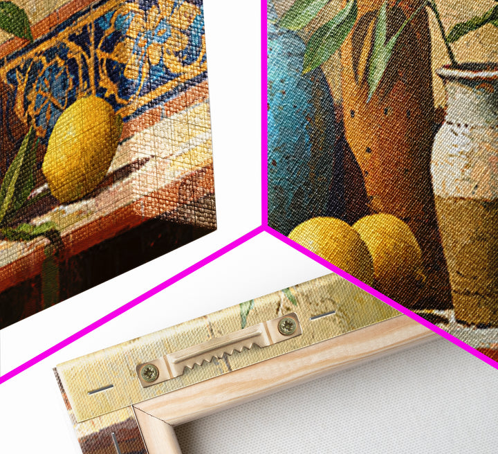 Olive Branch and Lemons on Terracotta Ground Canvas Print, Mediterranean Art, Wall Decor, Living Room Decor, Fine Art, Azure, MAR-2x1-22