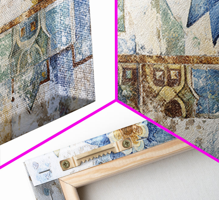 Blue and White Tile Pattern Framed Canvas Print, Mediterranean Art, Textured Painting, Living Room Decor, Fine Art, Azure, MAR-2x1-24