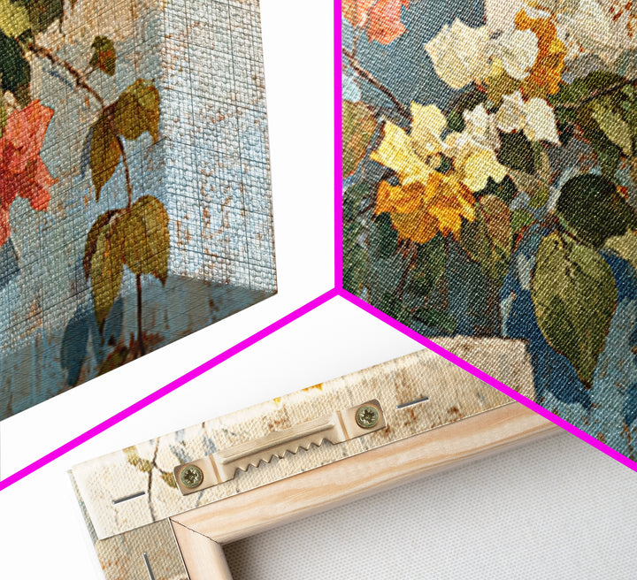 Bougainvillea Cascading over Stone Wall Framed Canvas Print, Mediterranean Art, Art Print, Living Room Decor, Fine Art, Azure, MAR-2x1-25