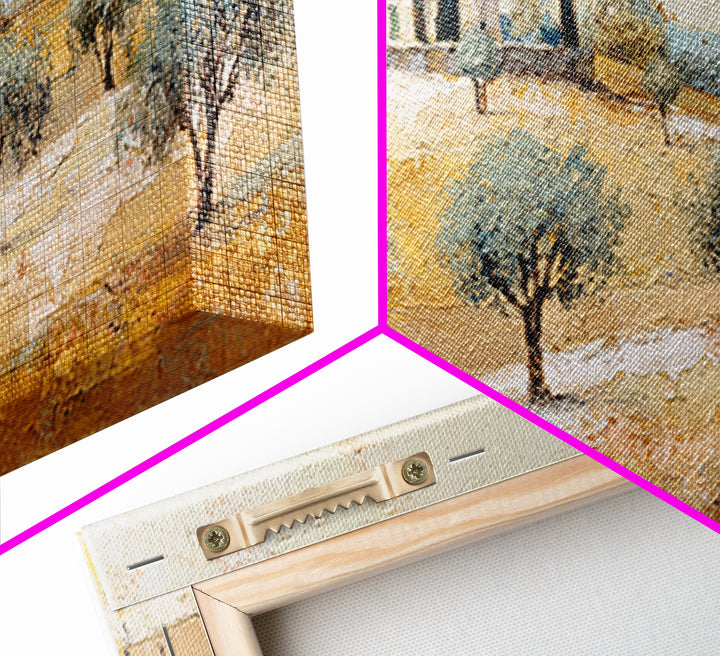 Olive Grove under Pale Morning Light Framed Canvas Print, Mediterranean Art, Boho Decor, Living Room Decor, Fine Art, Azure, MAR-2x1-37
