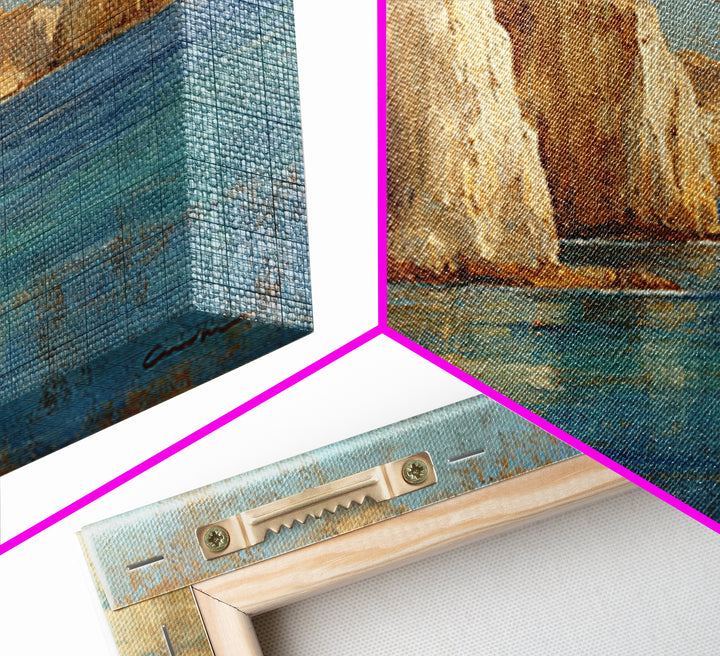Coastal Cliffs with Sparkling Blue Water Framed Canvas Print, Mediterranean Art, Home Decor, Living Room Decor, Fine Art, Azure, MAR-2x1-40