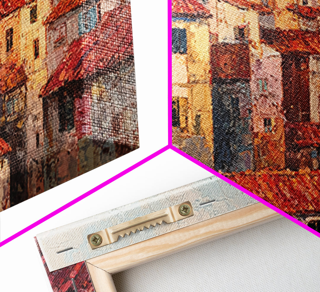 Sunset over Red Tiled Rooftops Framed Canvas Print, Mediterranean Art, Original Painting, Living Room Decor, Fine Art, Azure, MAR-2x1-43