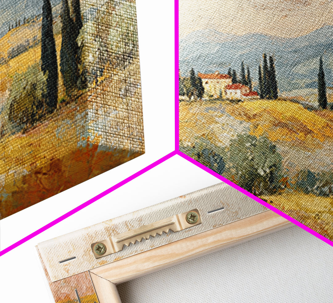 Tuscan Cypress Trees and Golden Hillside Framed Canvas Print, Mediterranean Art, Luxury Decor, Living Room Decor, Azure, MAR-2x1-50