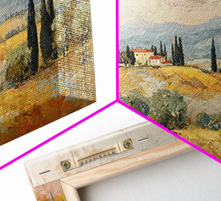 Tuscan Cypress Trees and Golden Hillside Framed Canvas Print, Mediterranean Art, Luxury Decor, Living Room Decor, Azure, MAR-2x1-50