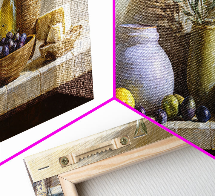 Figs Olives and Cheese Still Life Canvas Print, Mediterranean Art, Oil Painting, Living Room Decor, Azure, Nautical Decor, MAR-2x1-52