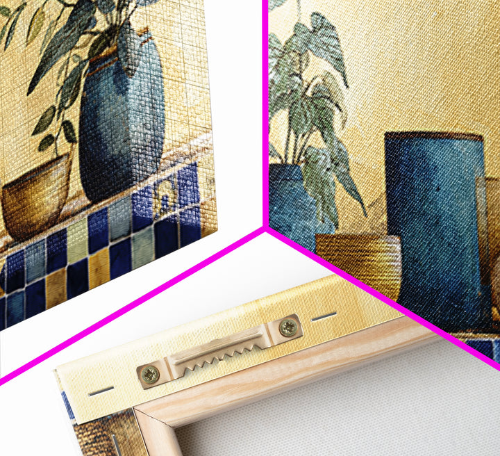 Spanish Tile Ornament Framed Canvas Print, Mediterranean Art, Large Wall Art, Living Room Decor, Oil Painting, Azure, MAR-2x1-60
