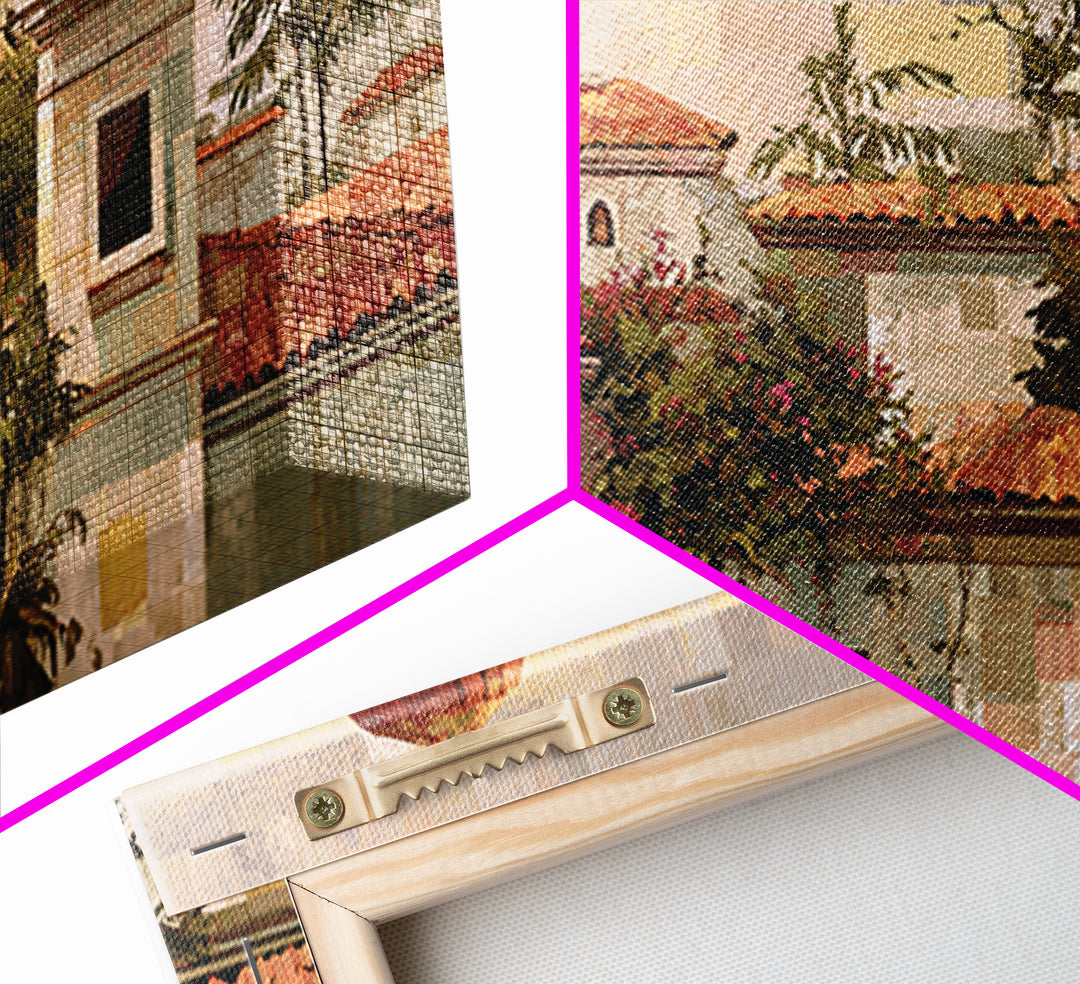 Sunset over Red Tiled Rooftops Framed Canvas Print, Mediterranean Art, Landscape Wall Art, Living Room Decor, Fine Art, Azure, MAR-2x1-67
