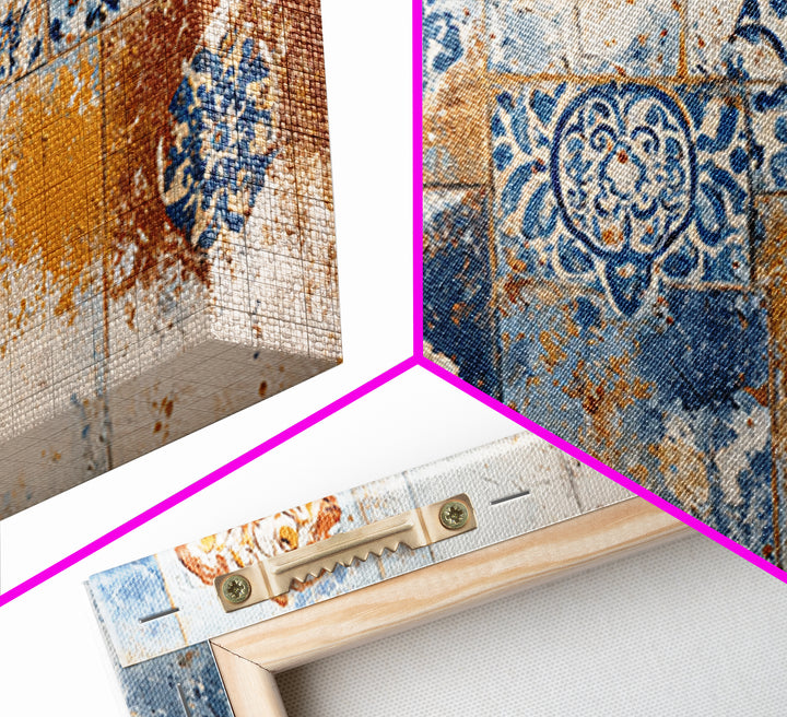 Blue and White Tile Pattern Framed Canvas Print, Mediterranean Art, Printable Art, Living Room Decor, Fine Art, Azure, MAR-2x1-72
