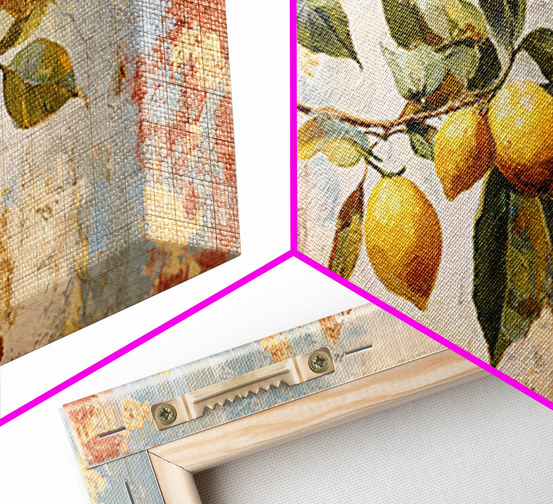 Sicilian Lemon Branch on Ivory Background Framed Canvas Print, Mediterranean Art, Original Painting, Living Room Decor, Azure, MAR-2x1-81