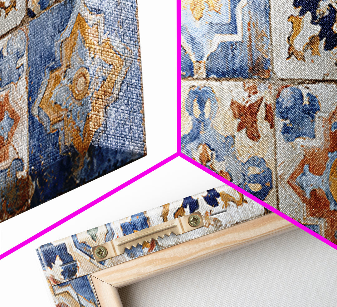 Spanish Tile Ornament Framed Canvas Print, Mediterranean Art, Coastal Wall Art, Living Room Decor, Azure, Living Room Art, MAR-2x1-84