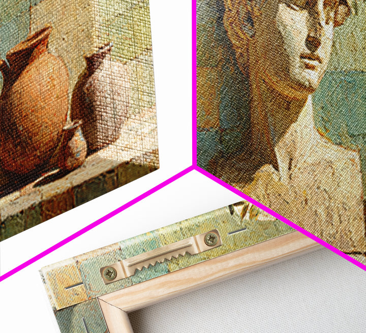 Roman Statue Bust Framed Canvas Print, Mediterranean Art, Living Room Decor, Oil Painting, Azure, Farmhouse Decor, MAR-2x1-90