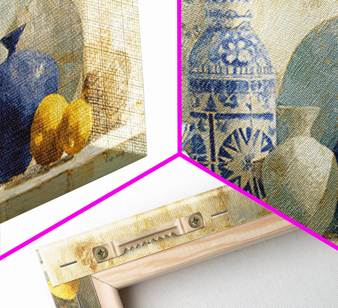 Blue and White Tile Pattern Framed Canvas Print, Mediterranean Art, Coastal Decor, Living Room Decor, Oil Painting, Azure, MAR-2x1-96