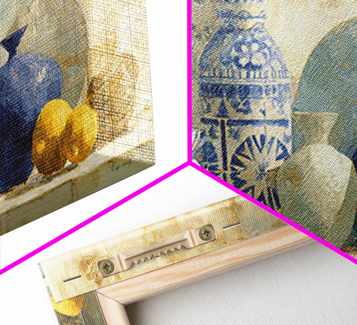 Blue and White Tile Pattern Framed Canvas Print, Mediterranean Art, Coastal Decor, Living Room Decor, Oil Painting, Azure, MAR-2x1-96