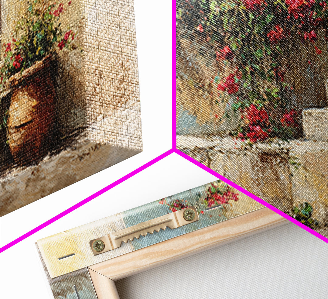 Bougainvillea Cascading over Stone Wall Framed Canvas Print, Mediterranean Art, Framed Wall Art, Living Room Decor, Azure, MAR-2x1-97