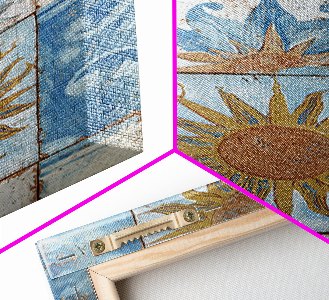 Blue and White Tile Pattern Framed Canvas Print, Mediterranean Art, Fine Art Print, Living Room Decor, Oil Painting, Azure, MAR-2x3-12