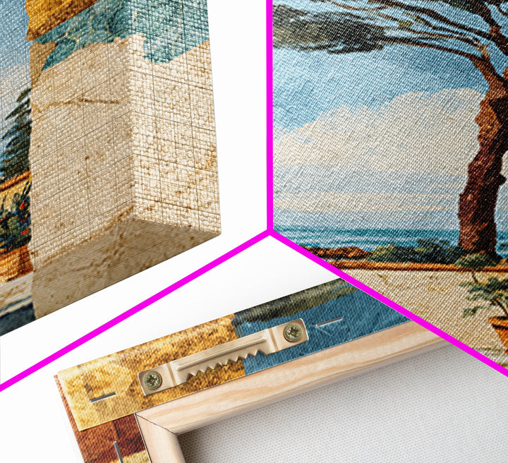 Ancient Column with Sea and Sky Beyond Framed Canvas Print, Mediterranean Art, Living Room Decor, Oil Painting, Azure, MAR-2x3-20