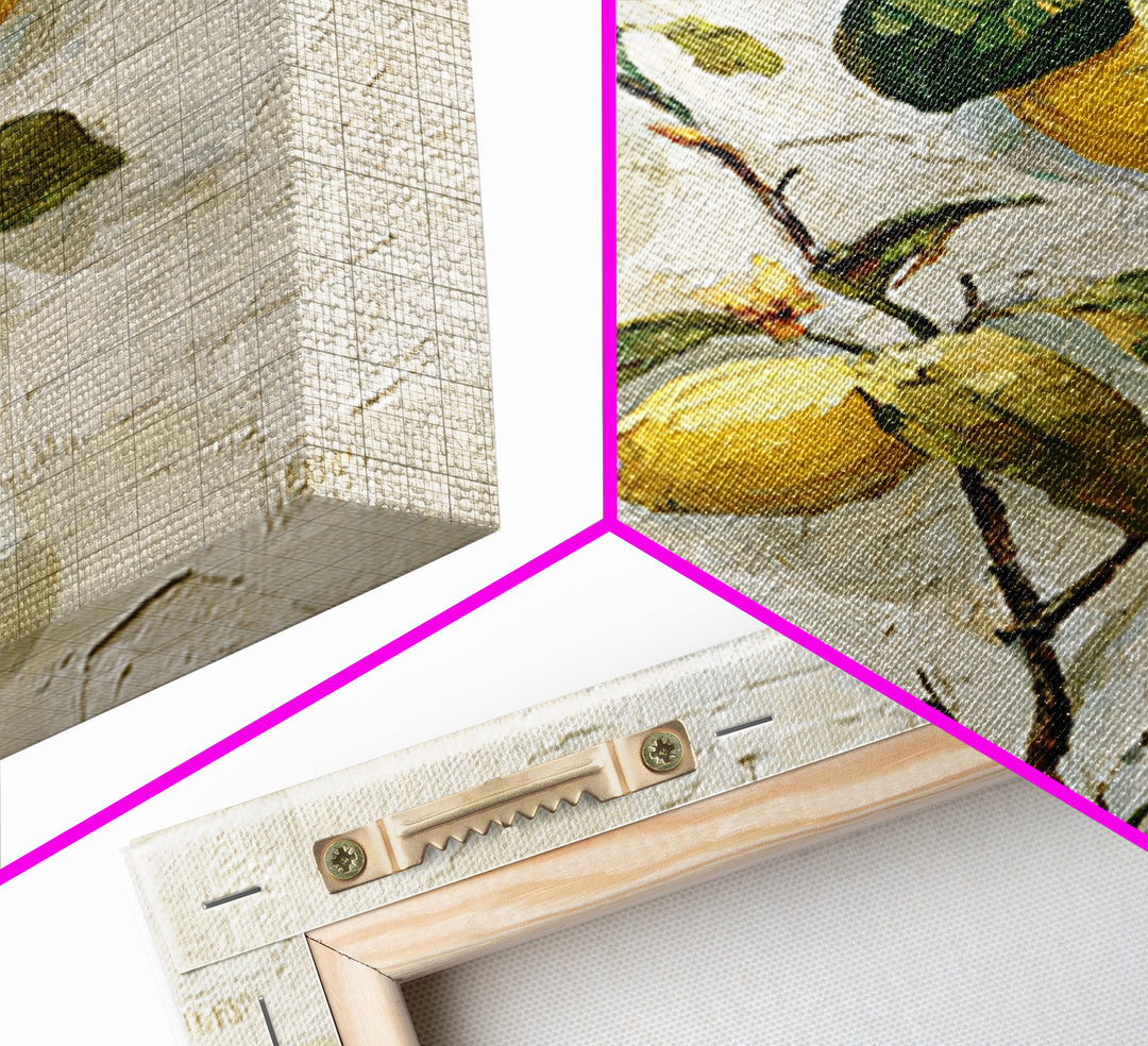 Sicilian Lemon Branch on Ivory Background Framed Canvas Print, Mediterranean Art, Boho Decor, Living Room Decor, Azure, MAR-2x3-21